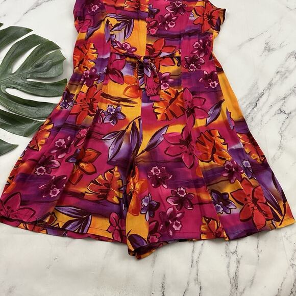 Expressions Womens Vintage 90s Romper Shorts Size M Purple Orange Floral Bright - Picture 9 of 9
